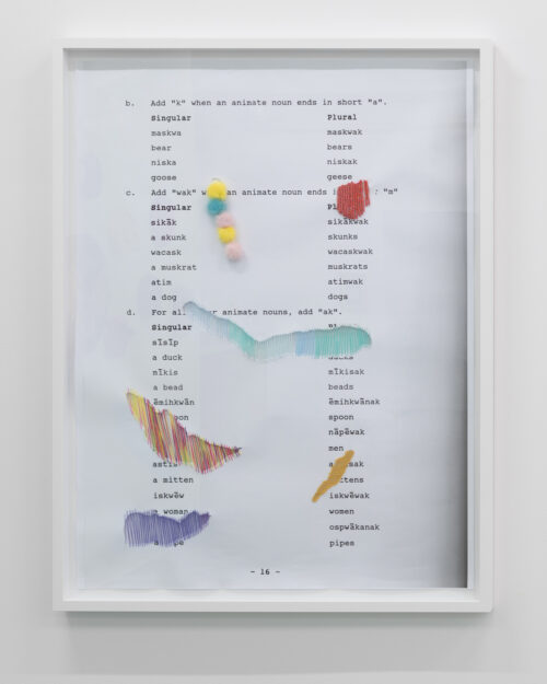 DICTIONARY 2022, MONOCHROME PRINT ON PAPER, EMBROIDERY THREAD, SEED BEADS, DYED FOX FUR, 39.25” X 51.5”