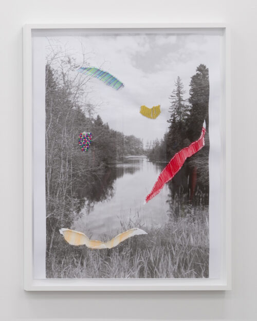 STRAWBERRY CREEK 2022, MONOCHROME PRINT ON PAPER, EMBROIDERY THREAD, SEED BEADS, METALLIC PONY BEADS, 39.25” X 51.5”