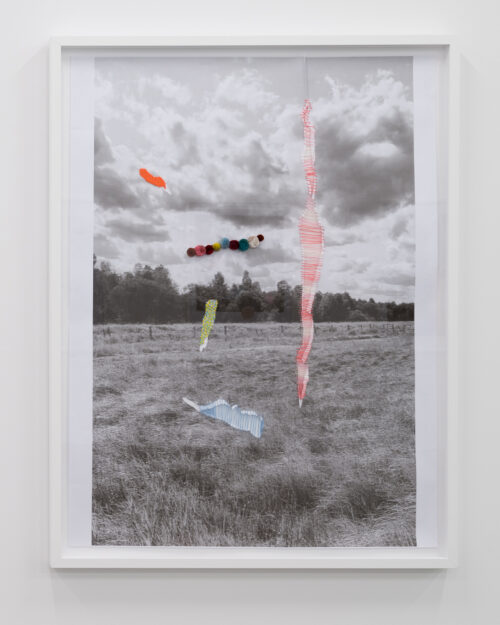 KINUSO 2022, MONOCHROME PRINT ON PAPER, EMBROIDERY THREAD, SEED BEADS, CARIBOU TUFTING, 39.25” X 51.5”